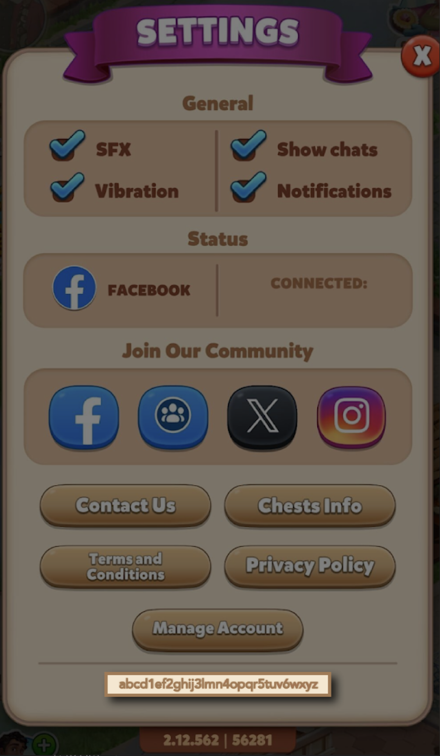Settings screen displaying options for SFX, Vibration, Show chats, Notifications, Facebook connection status, links to social media, Contact Us, Chests Info, Terms and Conditions, Privacy Policy, and Manage Account.png.png