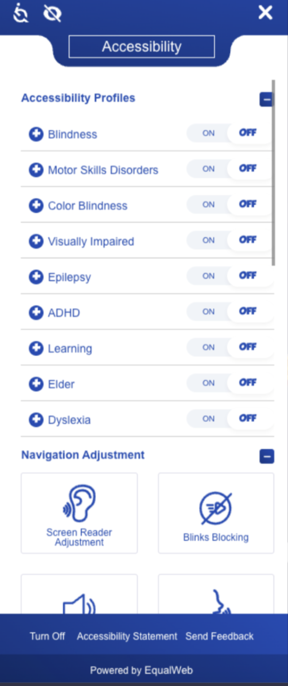 Screen capture of the EqualWeb Accessibility Profiles menu with options for Blindness, Motor Skills Disorders, Color Blindness, and Epilepsy.png
