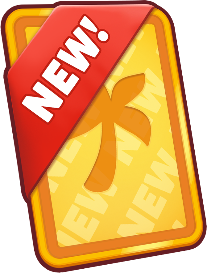 A bright yellow card with a red "NEW!" banner across the top, featuring a stylized design element in the center.
