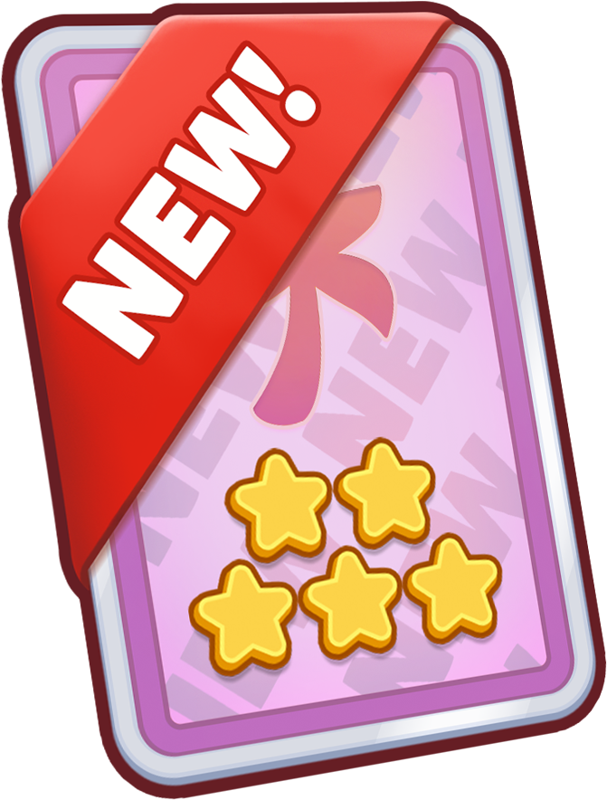 A card design featuring a "NEW!" banner and five yellow stars on a pink background.
