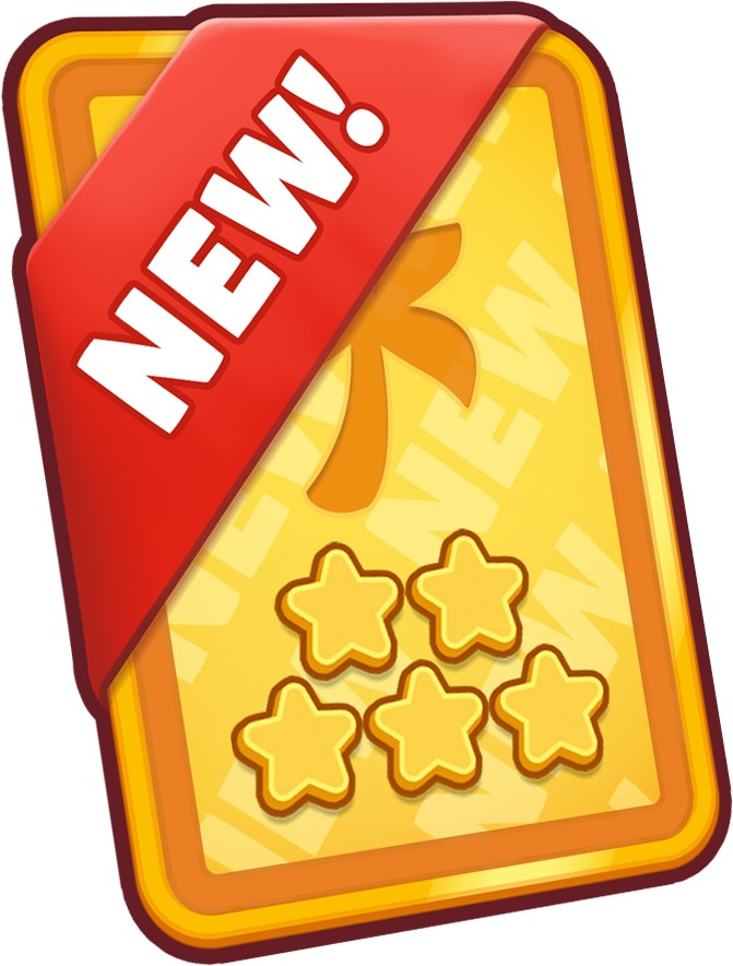 A bright yellow card with a red "NEW!" banner and five gold stars at the bottom.