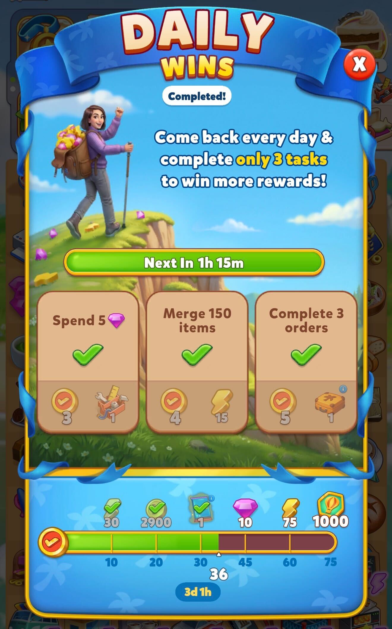 Daily Wins window showing completed tasks, earned rewards, and a progress bar toward milestone goals.jpg