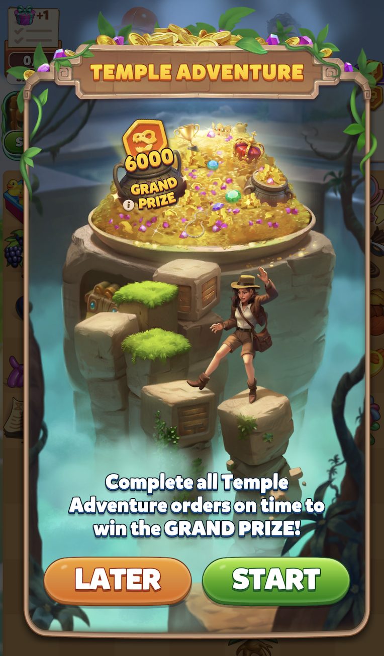Temple Adventure event pop-up screen showing the Grand Prize reward with options to start or play later.png