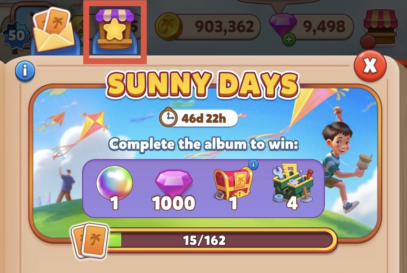 Stars Shop tab highlighted in the Seasonal Cards Album badge area.jpeg